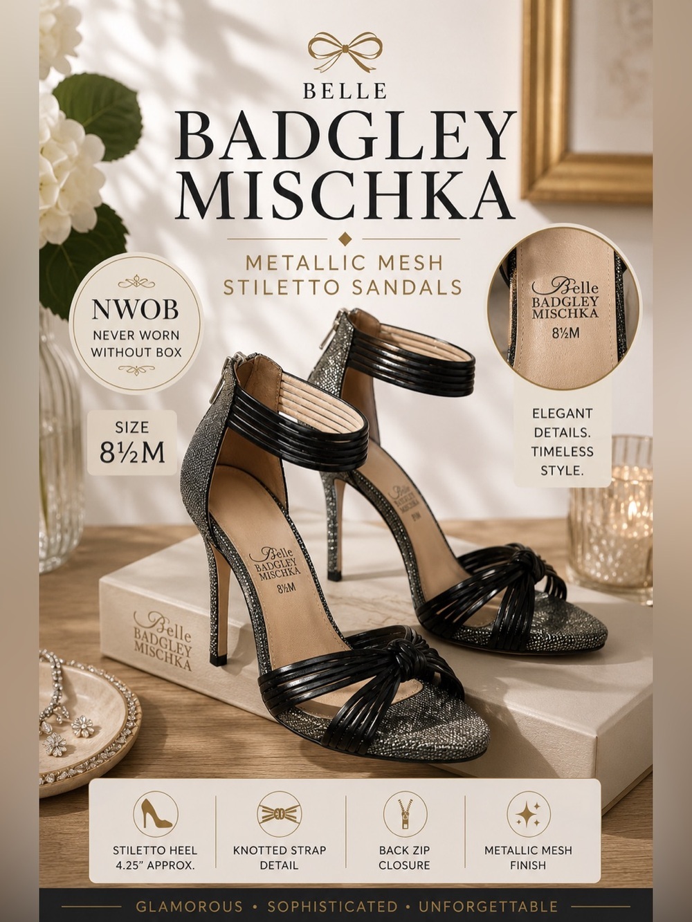 Belle Badgley Mischka Metallic Mesh & Black Knotted Strap Stiletto Sandals 8.5M